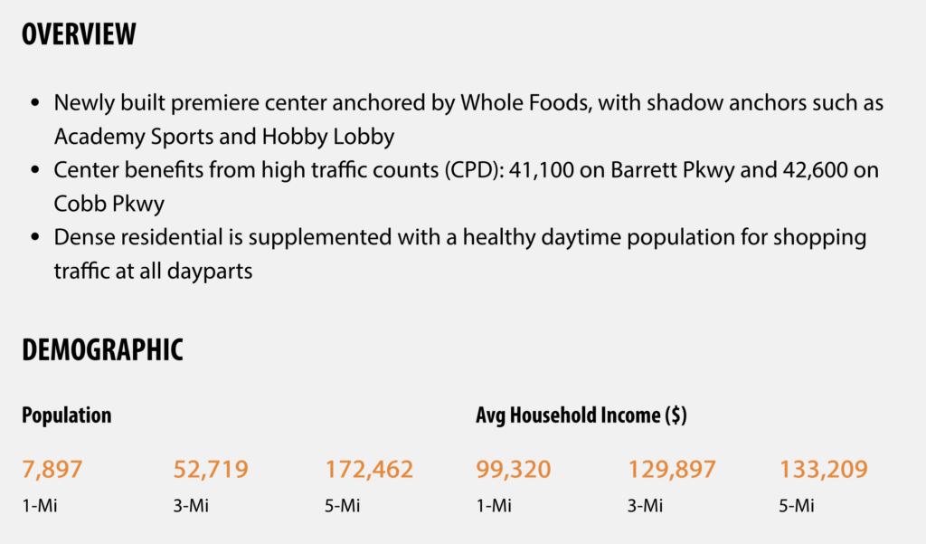 A summary of a shopping center's overview and demographic data along Cobb Parkway, highlighting population and average household income within 1, 3, and 5-mile radii—ideal for a Kennesaw GA restaurant or drive thru location.