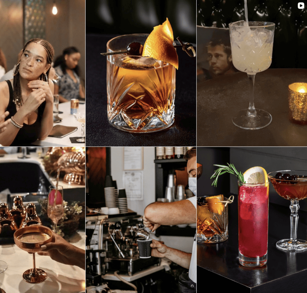 Various cocktails and people enjoying drinks at a restaurant in Atlanta.