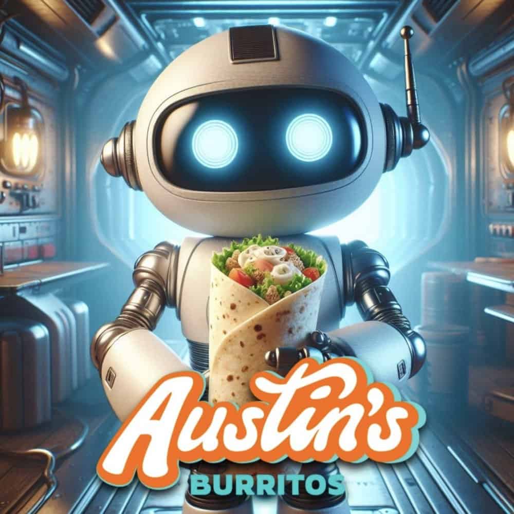 A robot holding a burrito in a futuristic setting with "Austin's Burritos" text displayed in front.