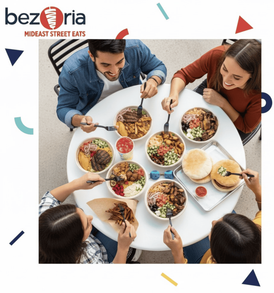 Delicious diverse dishes enjoyed by friends at a restaurant table, showcasing vibrant food presentat.
