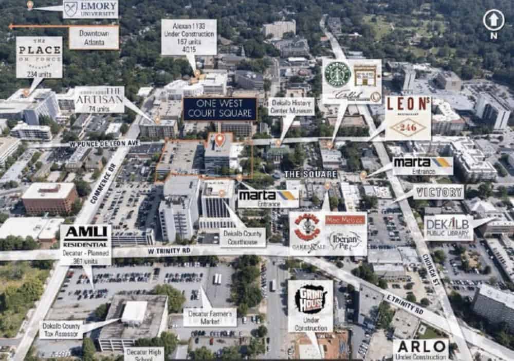 A labeled aerial view of Downtown Decatur, Georgia, showing landmarks, businesses, residential buildings, and streets with directional indicators.