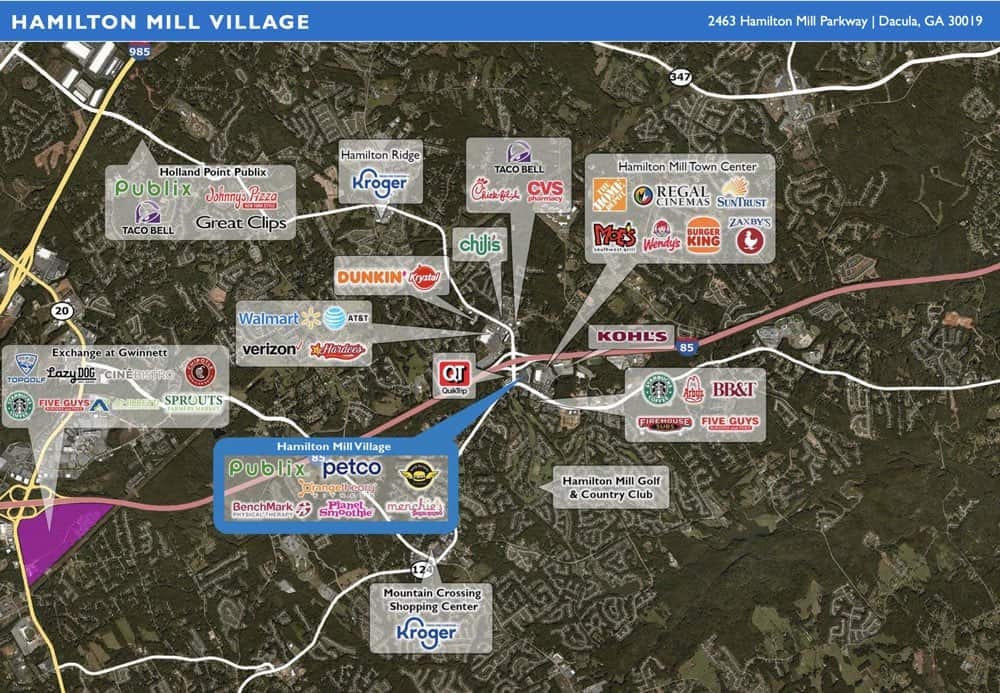 Map of Hamilton Mill Village, Dacula, GA, showing locations of stores like Publix, Walmart, Target, Kohl's, and various restaurants and services in the area.