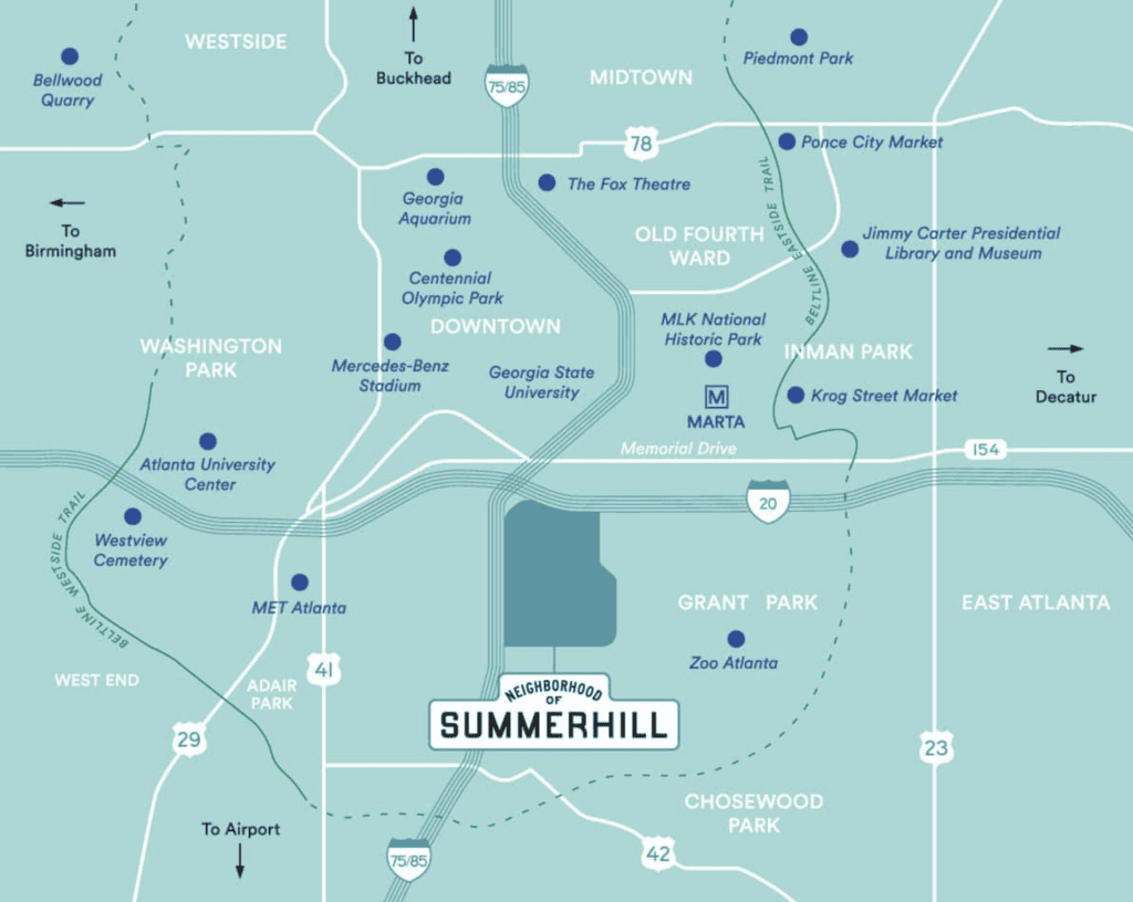 Map highlighting Atlanta restaurant real estate brokers and key locations.