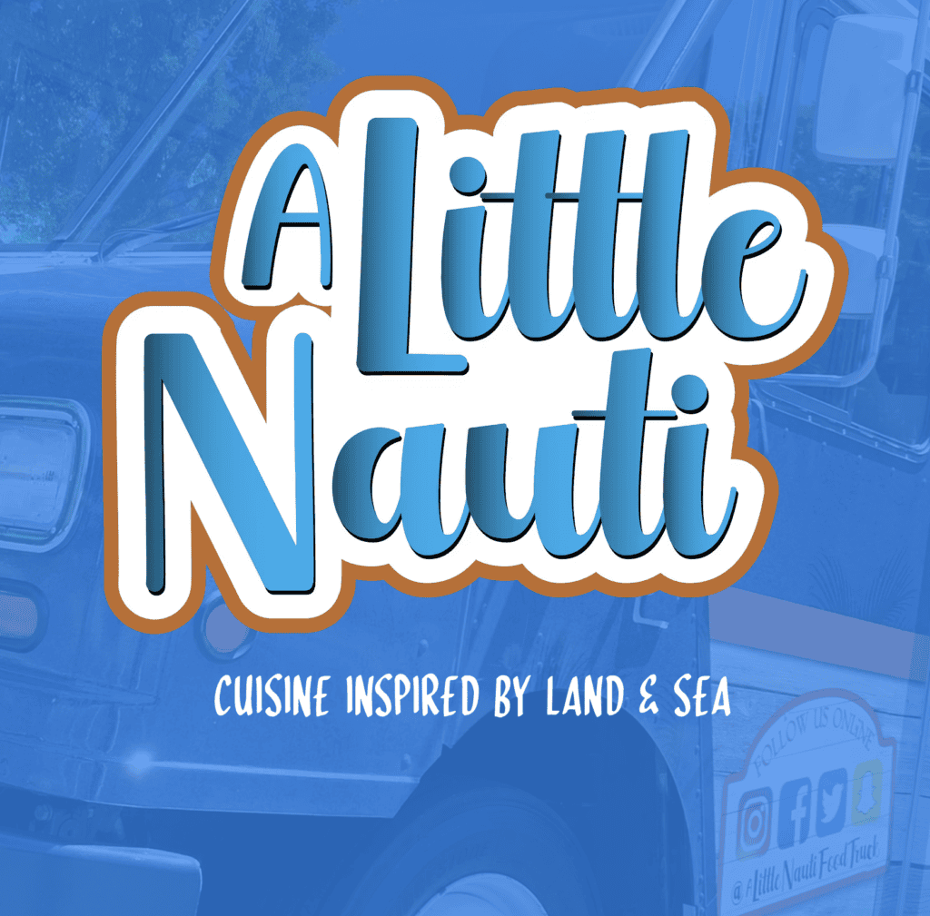 A blue truck with white text.