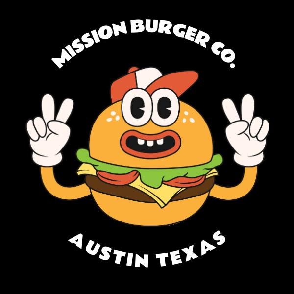 Cartoon burger with eyes and a hat, holding up two peace signs. Text says "Mission Burger Co. Austin Texas." Try the plant-based burger sensation at West Midtown!.
