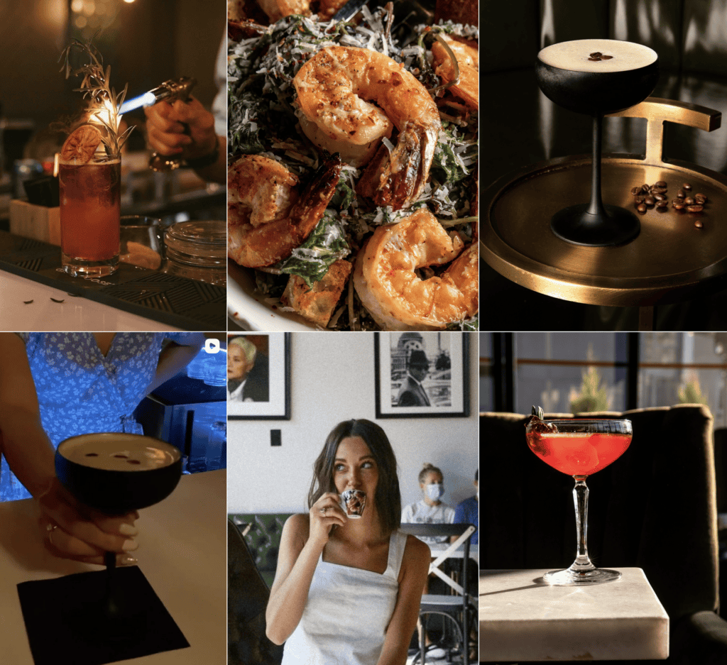 Elegant cocktails and delicious food at Atlanta restaurant, vibrant dining atmosphere.