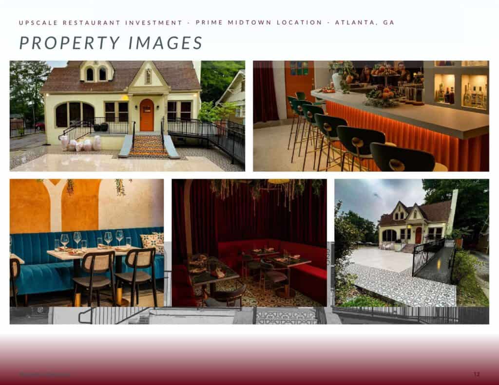Beautiful historic restaurant building in Atlanta with upscale interior design and outdoor seating o.