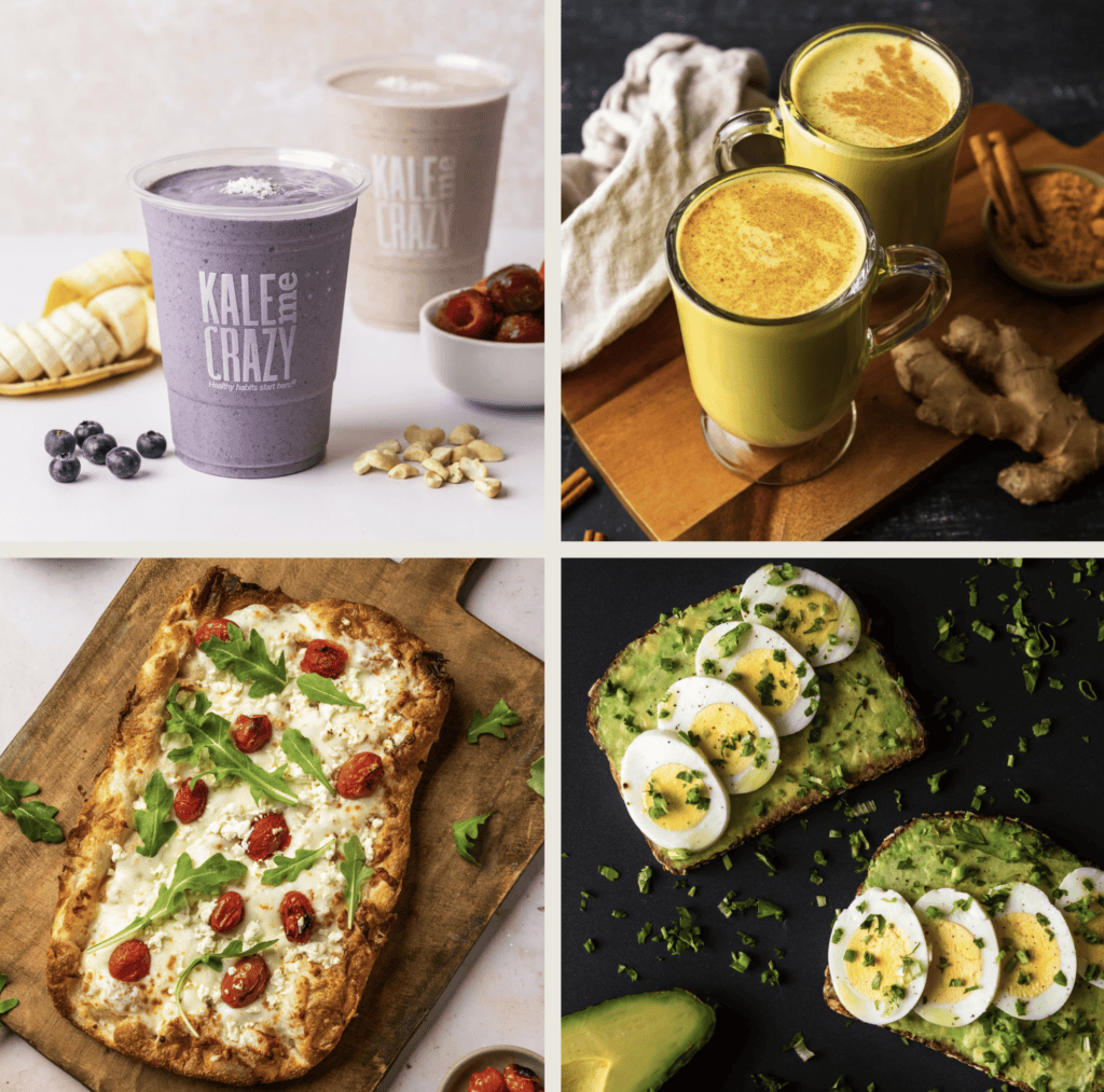 A collage of four healthy foods: a berry smoothie from a local Smoothie Franchise, two turmeric lattes, flatbread with greens and tomatoes, and avocado toast with sliced boiled eggs and chives.