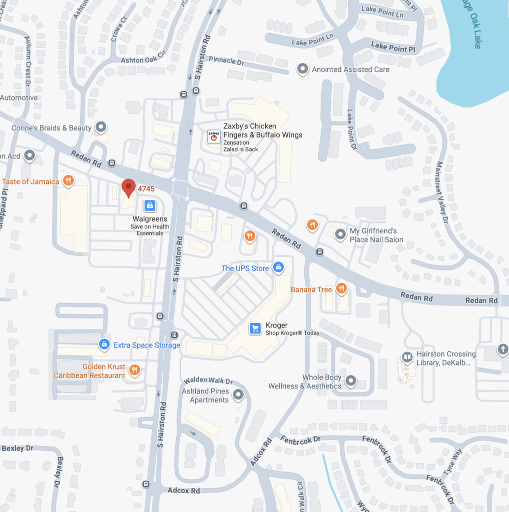 Map showing businesses and streets around 4745 Ashford Dunwoody Rd, including Walgreens, Kroger, Zaxby's, The UPS Store, restaurants for lease, and nearby apartment complexes in Dunwoody, Georgia.