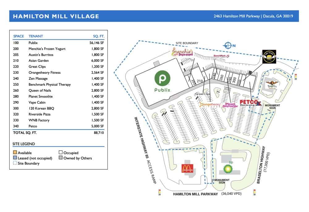 Site map of Hamilton Mill Village in Dacula, GA, showing store locations, parking areas, and store sizes. Features Publix, Petco, McDonald's, Wendy's, and various smaller retail spaces.