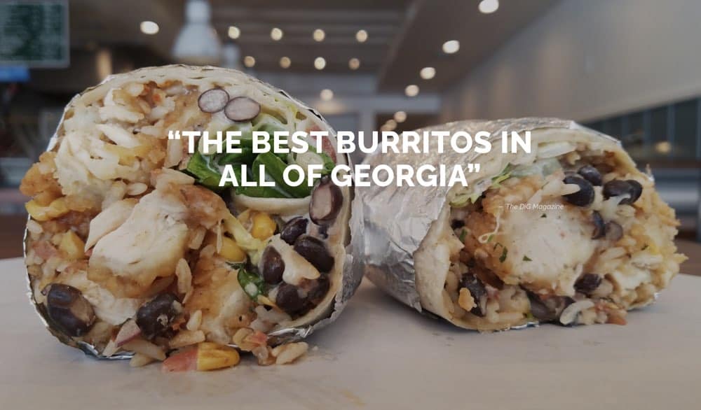 A burrito cut in half, showing chicken, black beans, rice, cheese, and vegetables, with a quote on top saying, "The best burritos in all of Georgia.