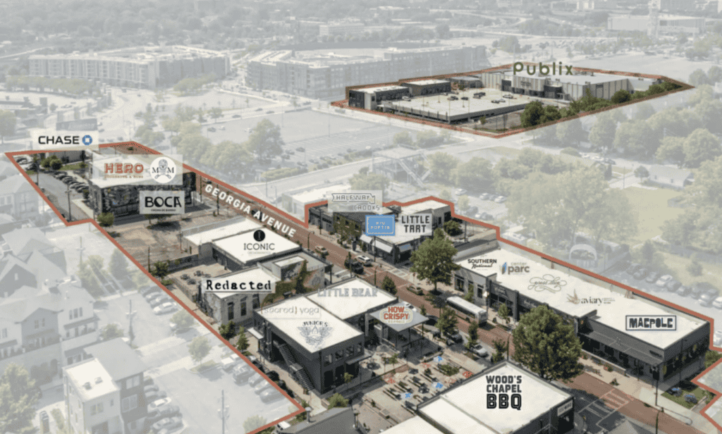 Aerial view of Atlanta restaurant real estate with retail stores, dining areas, and parking faciliti.