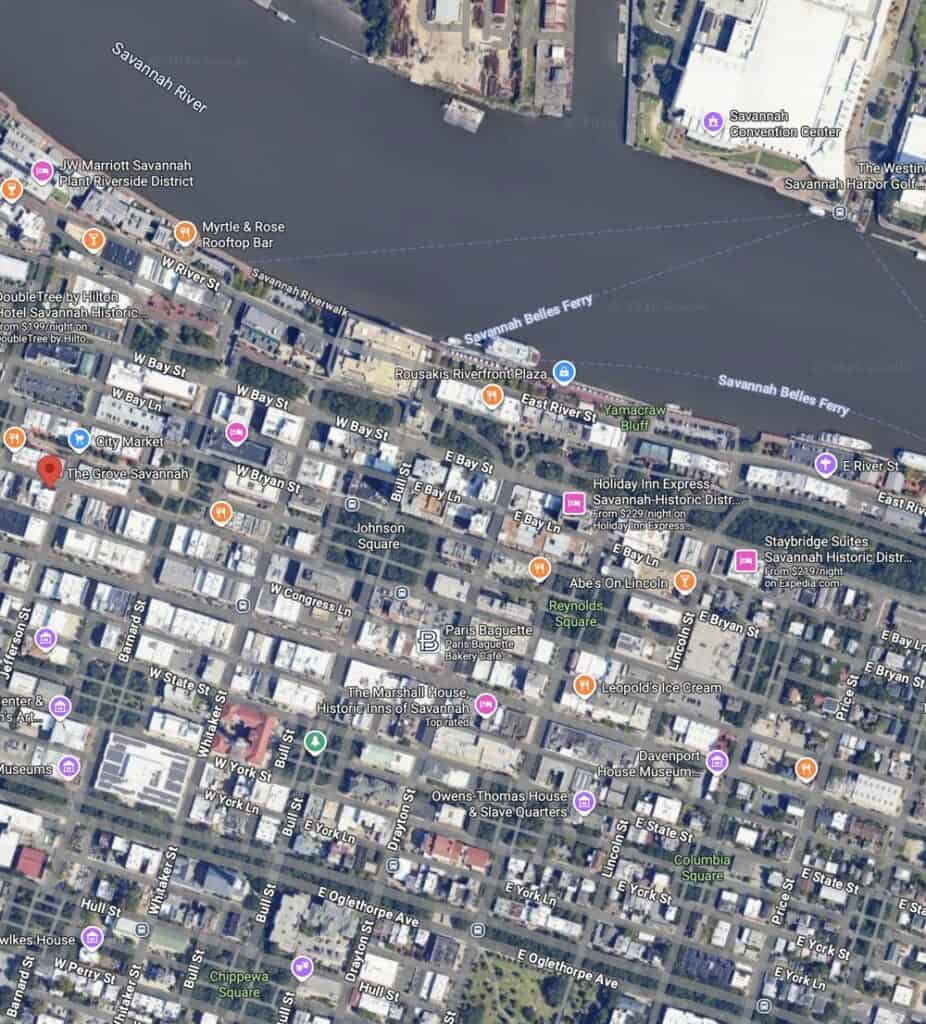 Aerial view of Savannah riverfront highlighting prime restaurant real estate opportunities in downto.