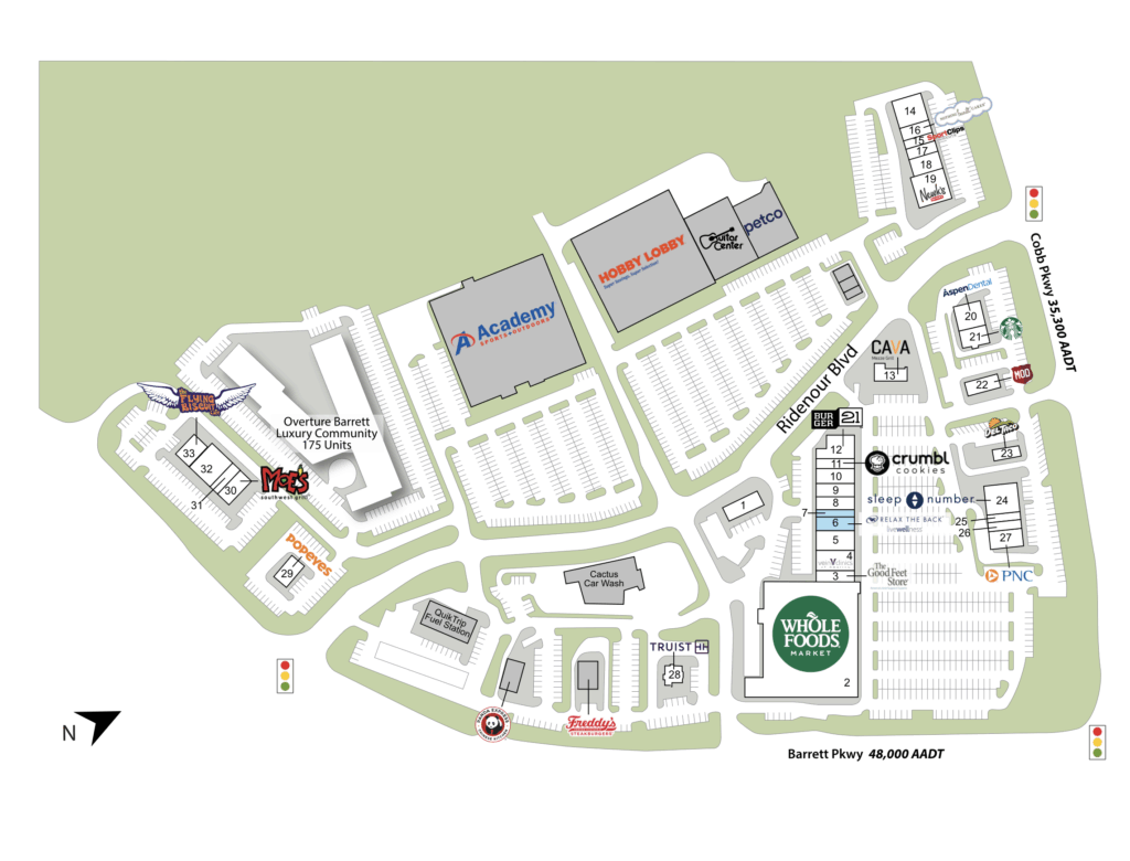 Map of a shopping center on Barrett Parkway and Cobb Parkway, highlighting store locations, drive thru options, eateries—including a Kennesaw GA restaurant—Whole Foods, banks, parking areas, and clearly labeled streets.