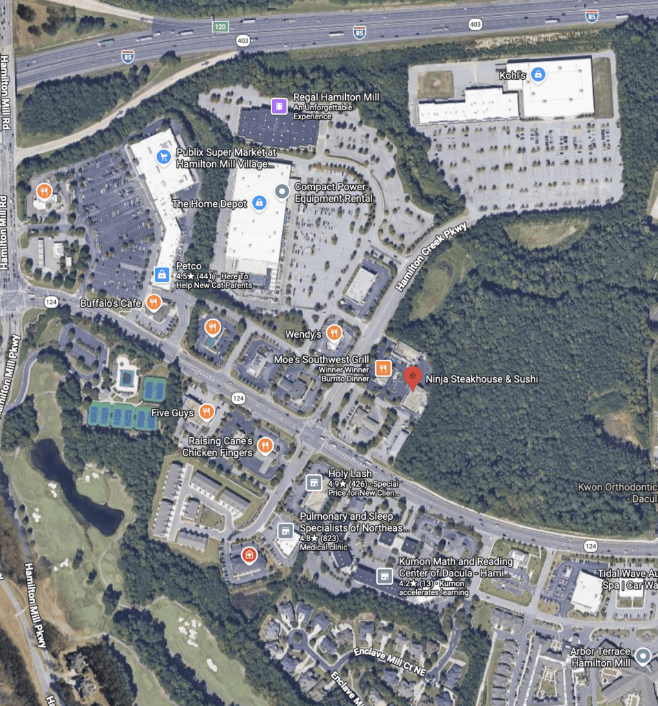 Aerial view of shopping centers and restaurants in Atlanta, Georgia.