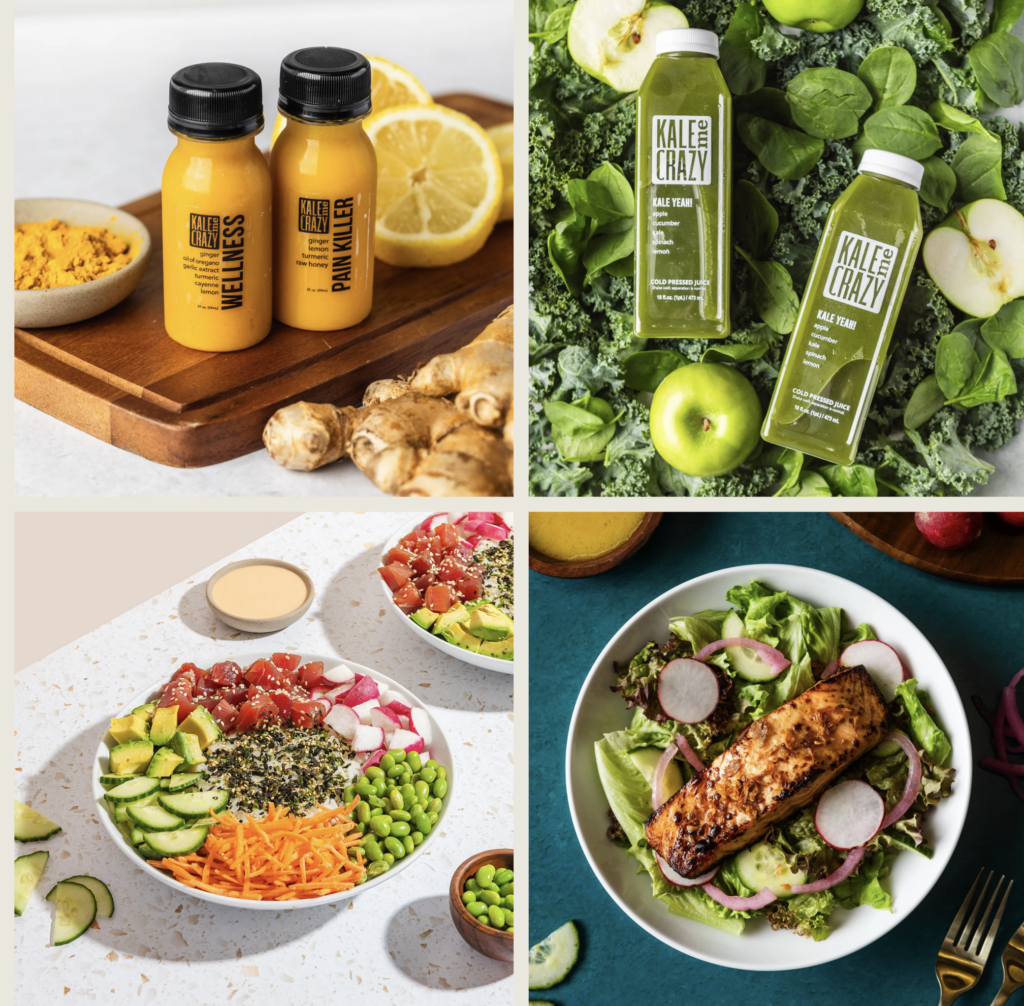 A collage showcasing juice shots with ginger and lemon, green juice bottles with kale and apples, vibrant salad bowls, and a plate of salmon salad—perfect inspiration for any healthy bowl franchise.