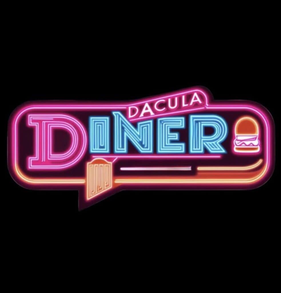 Bright neon sign for Dacula Diner, a popular restaurant in Atlanta area, showcasing vibrant colors a.