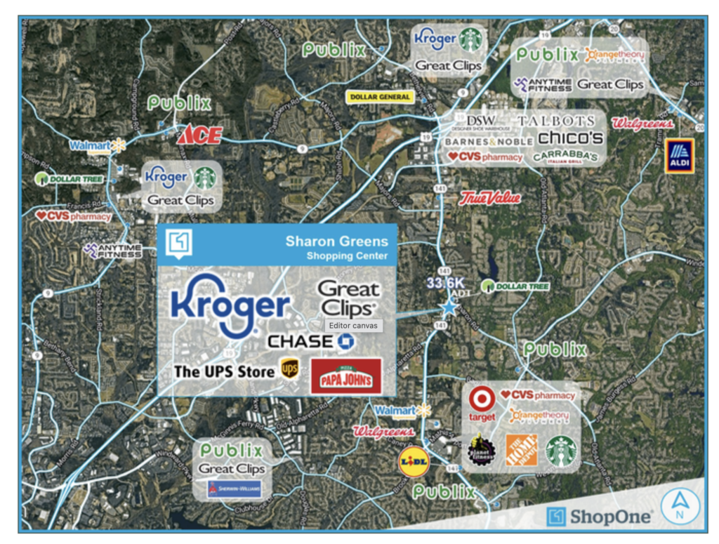 Map displaying the layout of Sharon Greens Shopping Center in Cumming, GA, highlighting logos of nearby stores like Kroger, Publix, CVS, and Target. Includes road names and features a new sushi restaurant for dining options in the area.