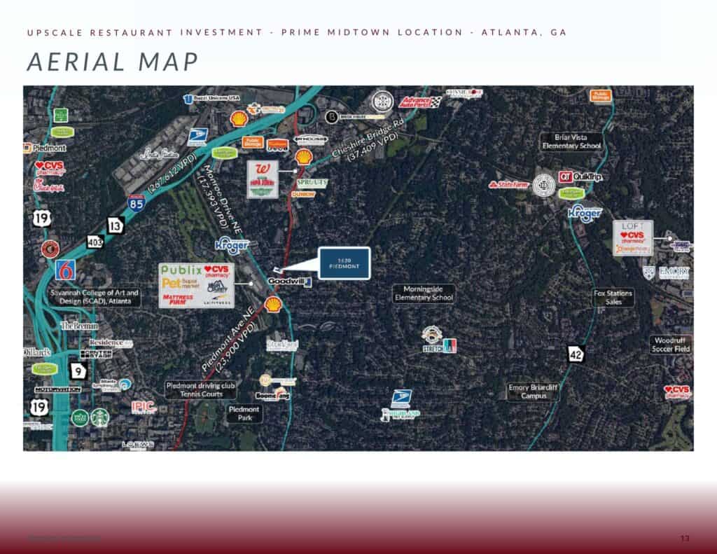 Aerial map showing a highlighted upscale restaurant investment location in Midtown Atlanta, GA, surrounded by schools, parks, and retail stores like Publix, Kroger, CVS, and Walgreens.