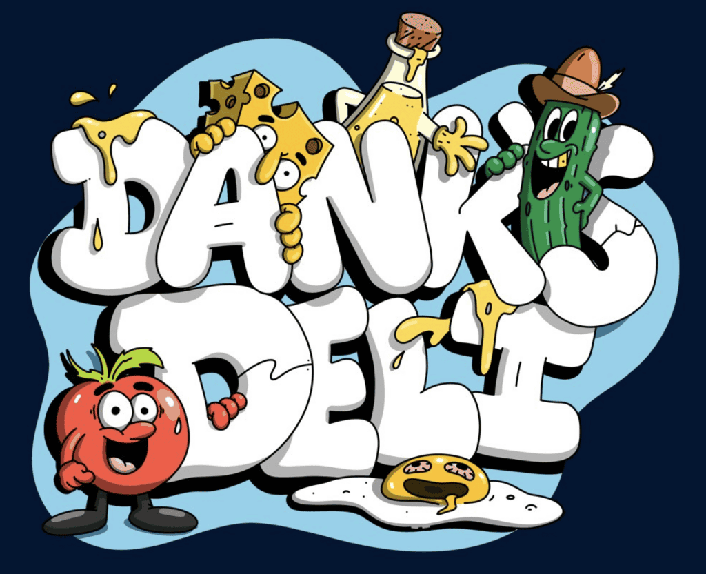 Cartoon cheese, tomato, pickle, and fried egg characters with a 'Thank You' message.