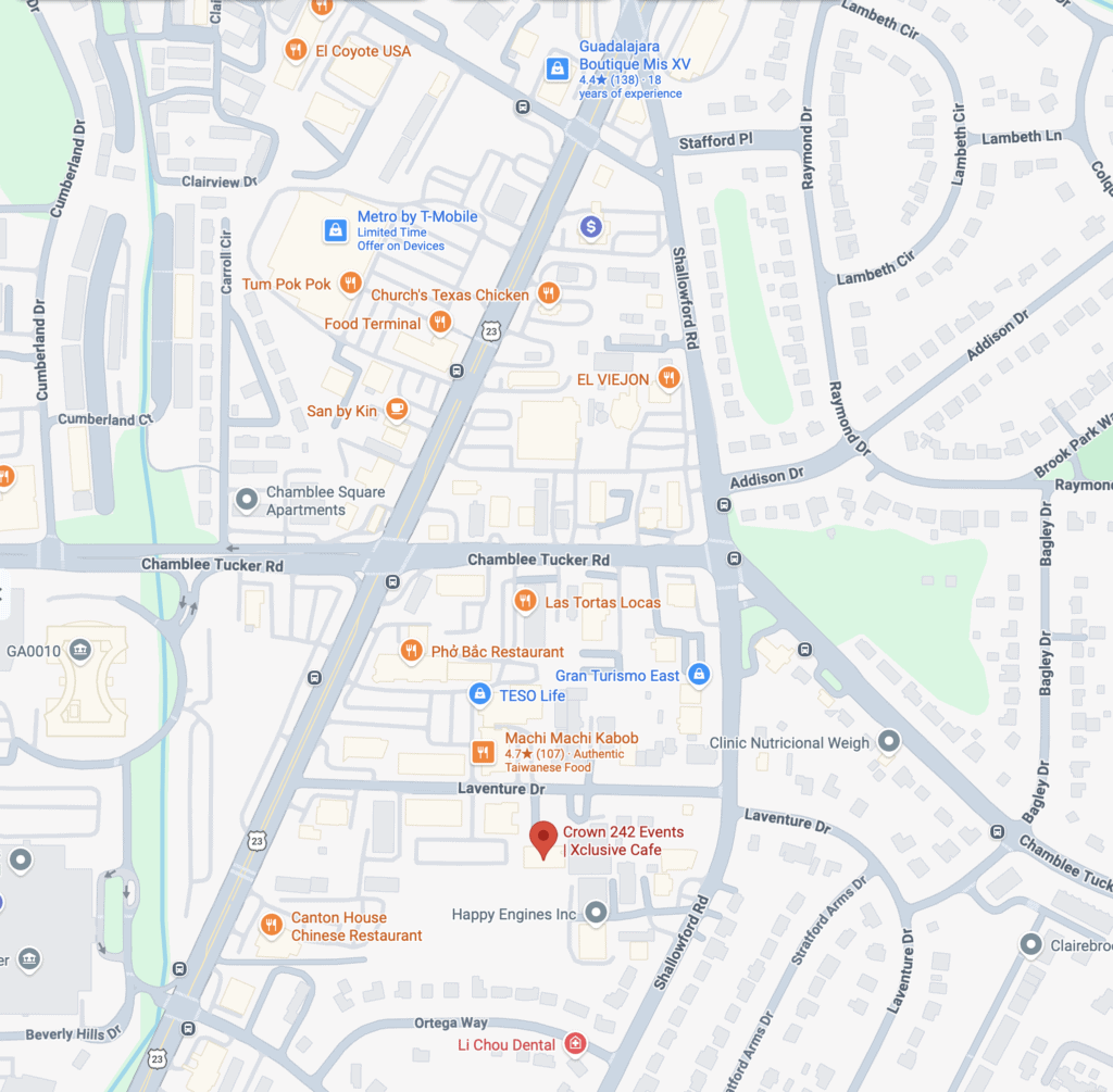 Map of Chamblee GA area showing restaurant and business locations near Crown 242.