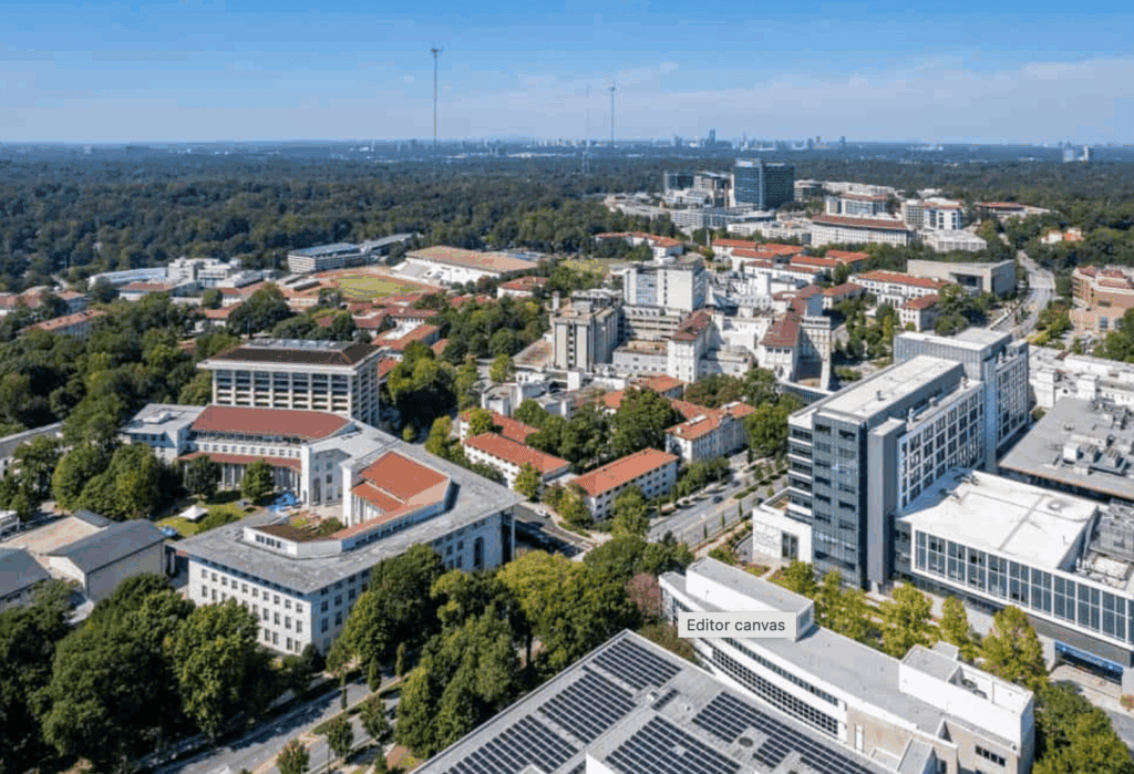 Aerial view of a large university campus with multiple academic and administrative buildings surrounded by trees and green spaces, just minutes from Downtown Decatur restaurants.