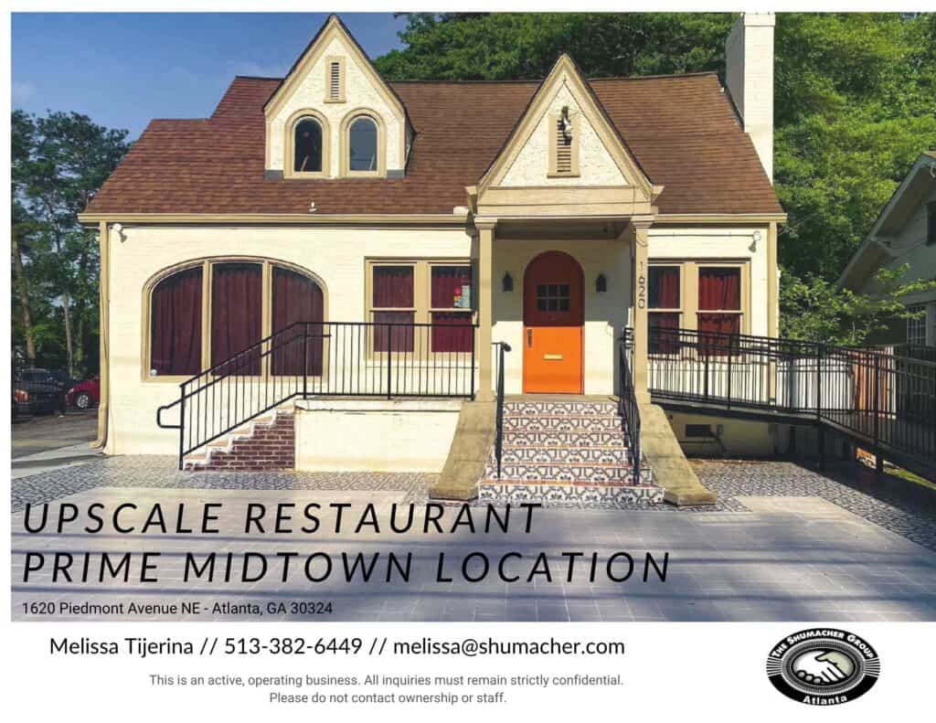 Elegant restaurant building in Midtown Atlanta for sale or lease.