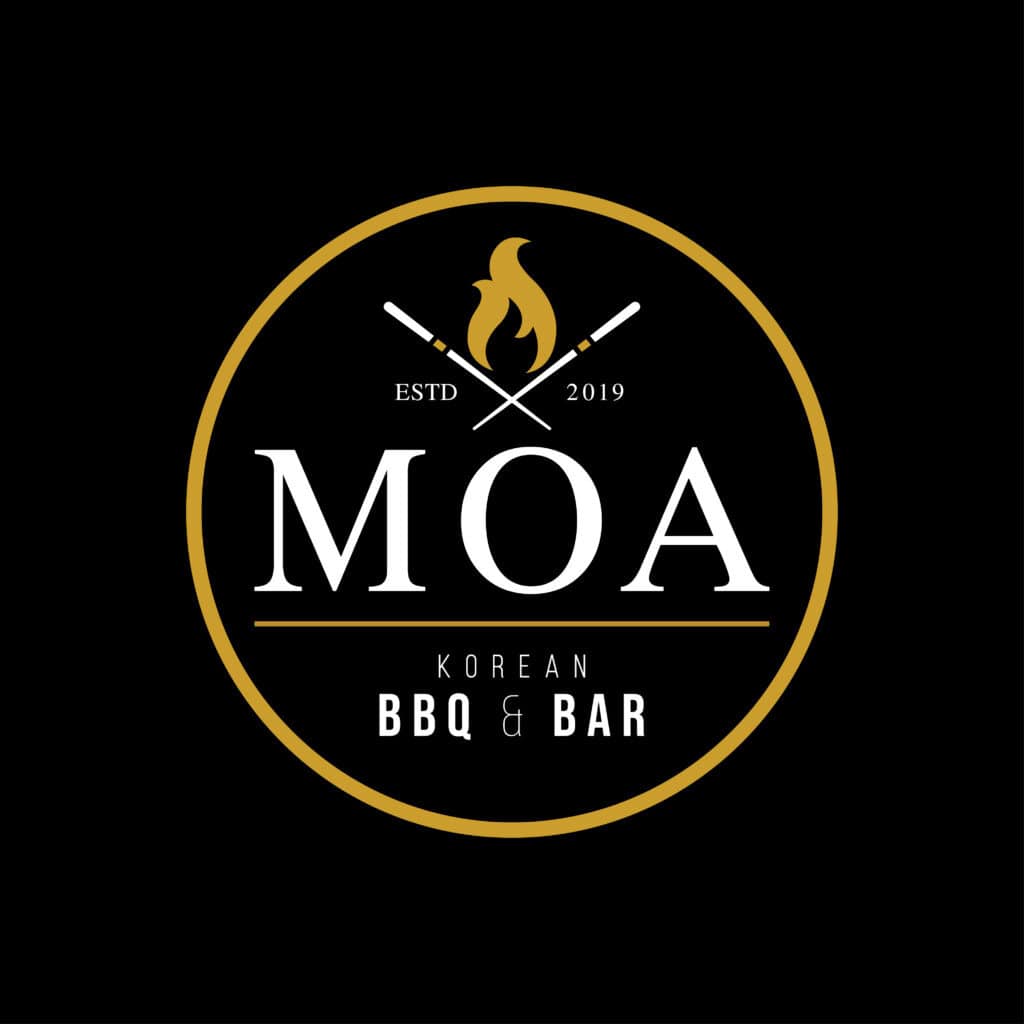 MOA Korean BBQ & Bar logo with flame and crossed skewers design.