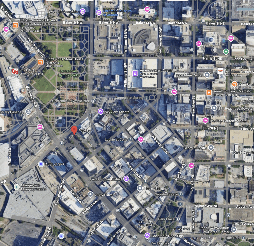 A satellite map view of downtown Atlanta, Georgia, showing labeled streets, parks, buildings, and notable landmarks such as Centennial Olympic Park and SkyView Atlanta.