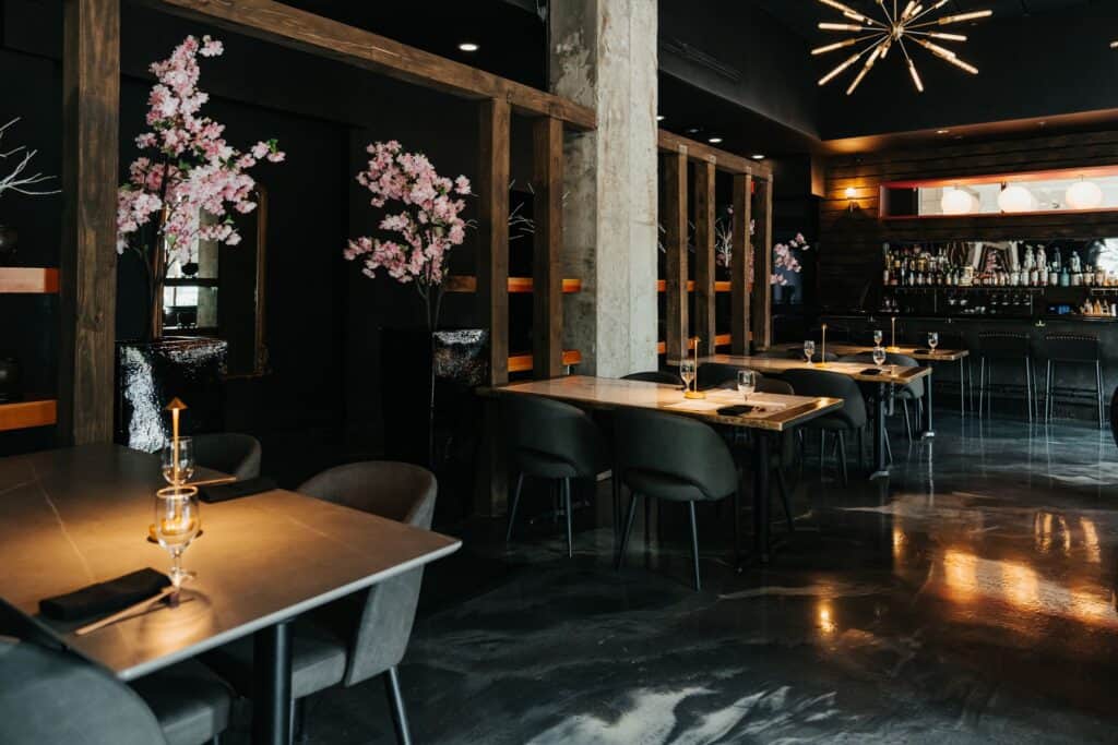 Modern restaurant interior with elegant decor and lighting in Atlanta.